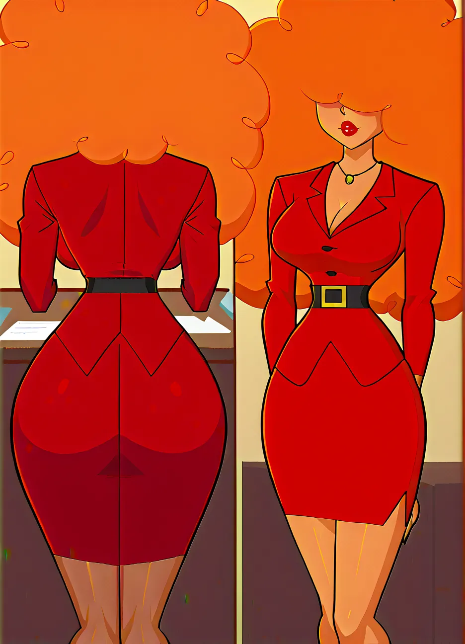 sara bellum,Orange Hair,standing at the Office,red jacket,orange open blouse , red skirt,unbuttoned blouse  , Big Breasts , Hair covering the eyes , big Hair,   red hip-length pantyhose , At the office, her Hair covering the eyes .  Cover your eyes with ha...