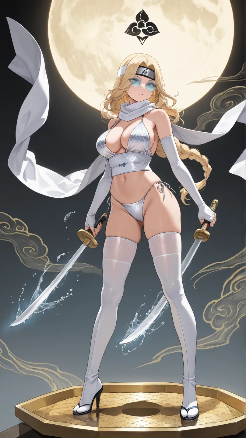 Anime only Emma Frost Bikini,ninja,Hazel eyes, blonde hair,A Low TwinBraid White and decorated with swirling water patterns and intricate diamond patterns,A long White scarf decorated with aura crystals gold,Tabi Boots ,fingerless gloves,White Ninja Headba...