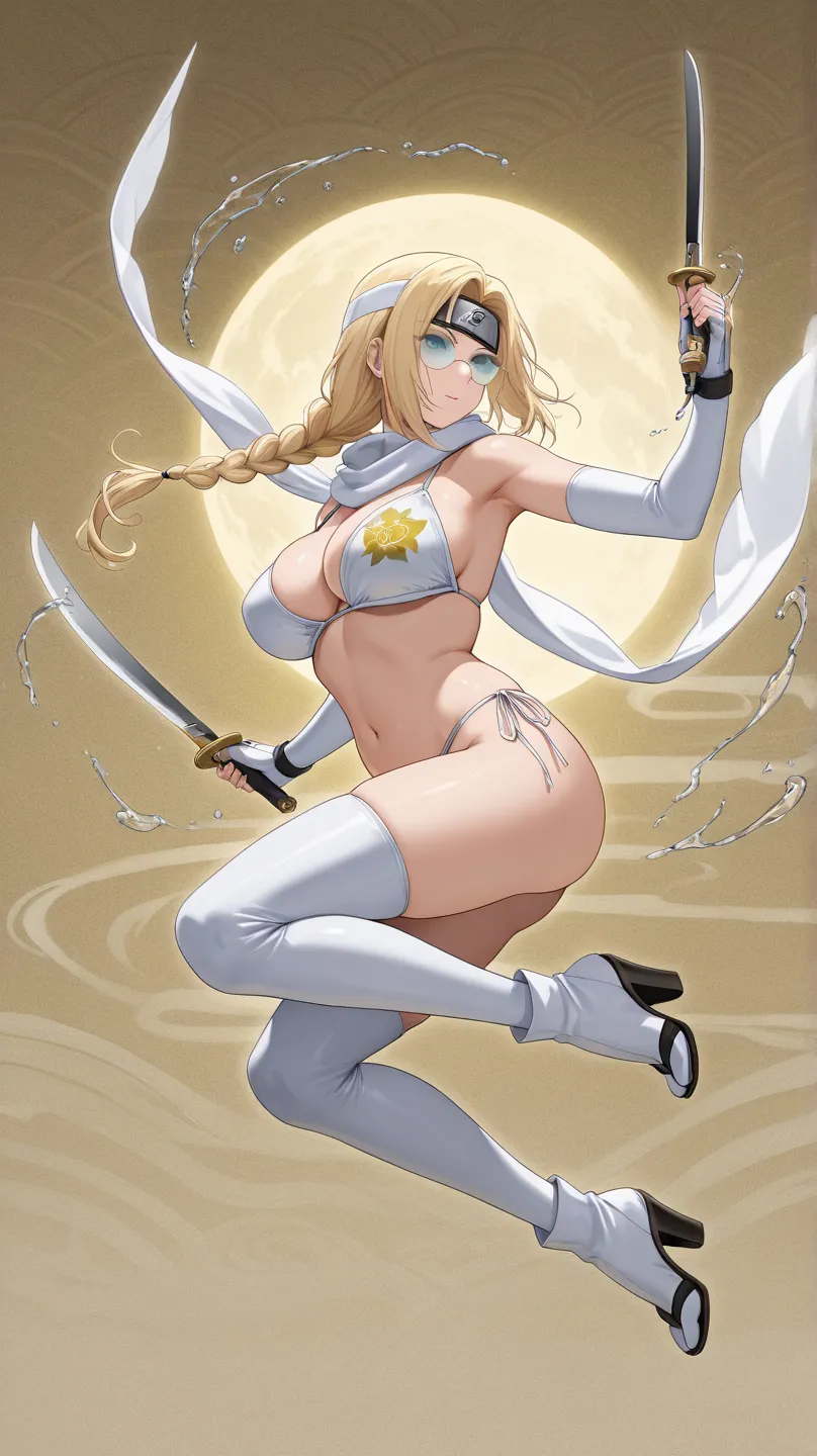 Anime only Emma Frost Bikini,ninja,Hazel eyes, blonde hair,A Low TwinBraid White and decorated with swirling water patterns and intricate diamond patterns,A long White scarf decorated with aura crystals gold,Tabi Boots ,fingerless gloves,White Ninja Headba...