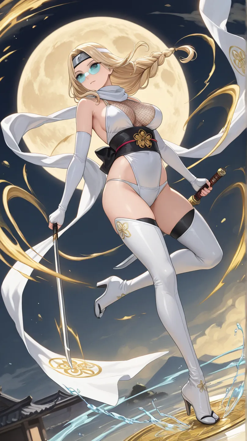 Anime only Emma Frost Bikini,ninja,Hazel eyes, blonde hair,A Low TwinBraid White and decorated with swirling water patterns and intricate diamond patterns,A long White scarf decorated with aura crystals gold,Tabi Boots ,fingerless gloves,White Ninja Headba...