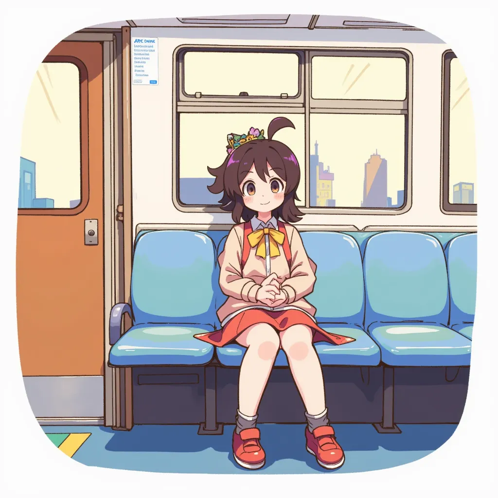 Girl sitting on a train chair、Emotional、simple illustration、Black、 simple background、Each part isn't too complicated 、 Each part is large and easy to understand pattern、Clear Colours 、A clear pattern、Thick Line、 hand-drawn illustration、Simple lines、A clear...