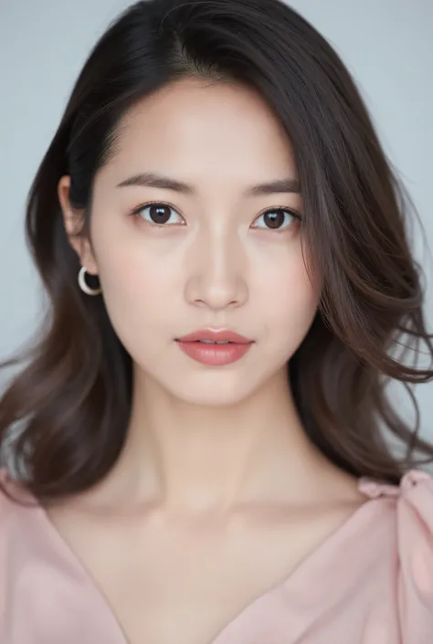 Create a portrait of a very beautiful Japanese idol, focusing on a close-up from the shoulders up. She has a slender physique and a small bust. The setting is a photography studio, and the lighting should be bright and clear, reminiscent of using a white r...