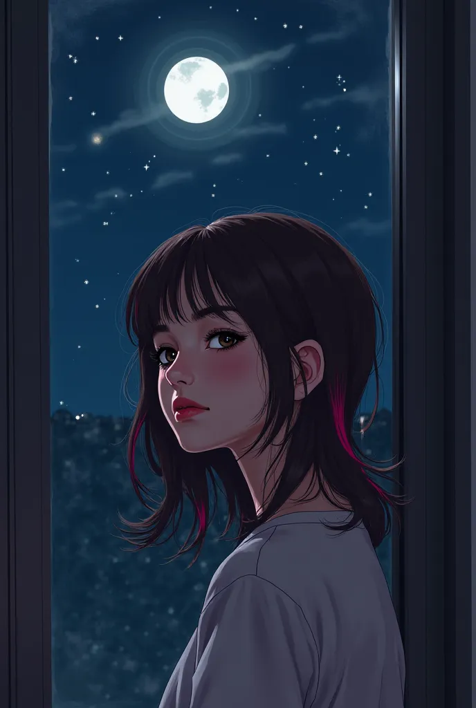 17-year-old girl with brown hair, bangs and pink highlights , looking out the window Night, dressed in clothes from the 2005's looking out the window