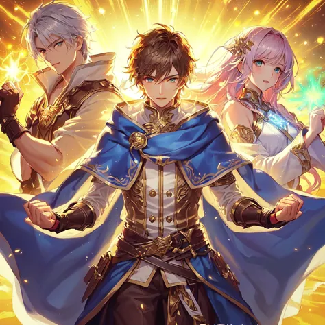 An anime-style fantasy artwork. A scene where an entire adventurer party is filled with energy and becomes empowered. Three adventurers stand together:
- Center: A male swordsman wearing a blue cloak, medium-length brown hair, blue eyes, and light leather ...