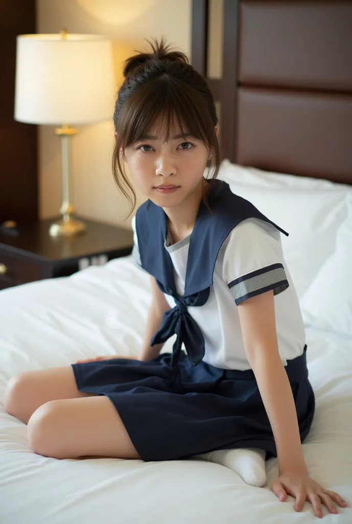 Masterpiece, Best quality:1.4), (Ultra realistic, Photo-realistic:1.3), (Wearing Sailor suit, White short sleeve:1.2), (Dark navy skirt:1.2), (Wearing white sock), (small breasts), (Scared:1.2), Natural light, 20 years old actor, Japanese woman, Neat and c...