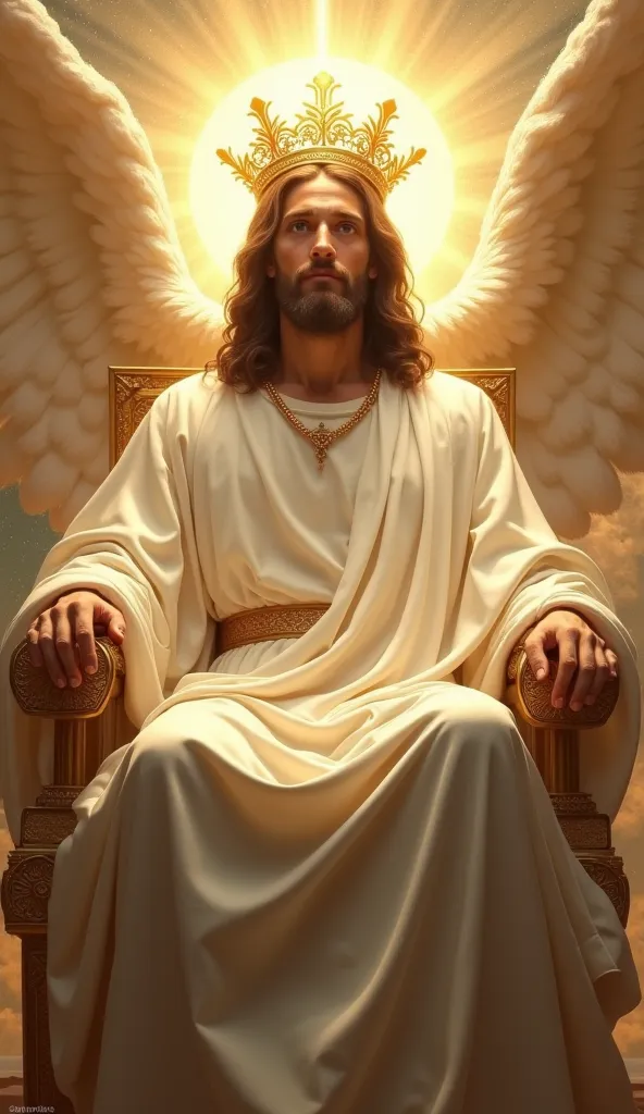 "Jesus Christ dressed in a white robe and a radiant golden crown, sentado em um trono celestial. Your eyes reflect wisdom and love, as angels and heavenly light surround you."