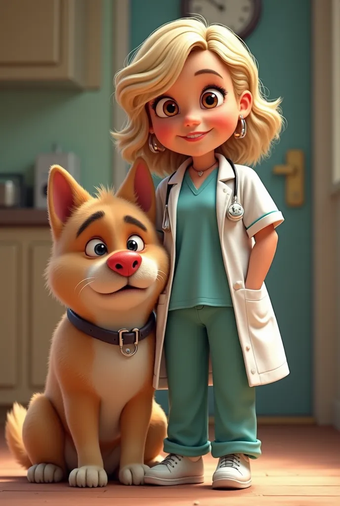 Beautiful adult girl , Short and chubby girl with brown eyes, with long blond and wavy hair, dressed as a veterinarian accompanied by a big Red Nose dog, Angry with a big head and mouth
