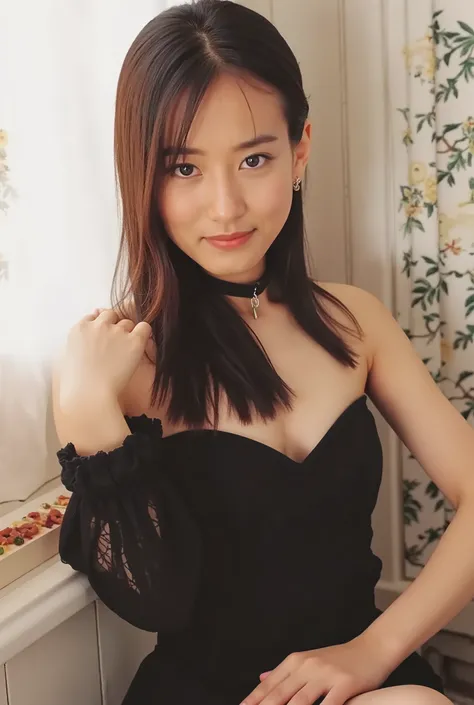 (((black choker)))、Japanese age Girl、Raise your arms、 white skin、bright lights、super high quality、4K、Picture of her face 、She smiles, ((black mini wedding dress)), miniskirt、 thighs、super high quality、High image quality in every detail、collarbone、(Ergonomi...