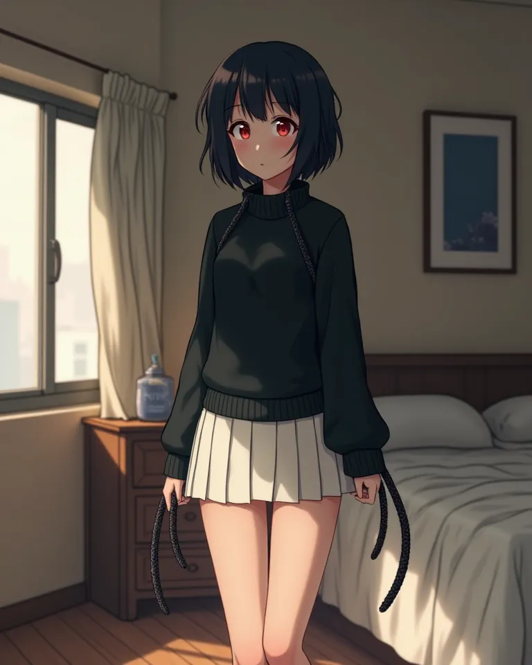 Girl in a anime style with a short black hair. Red eyes. Walking in a  bedroom. Really large thighs. Pale skin. We see her whole body. She wears a big black sweater and a short white skirt. She has long and really large sweating black tantacles on her back...