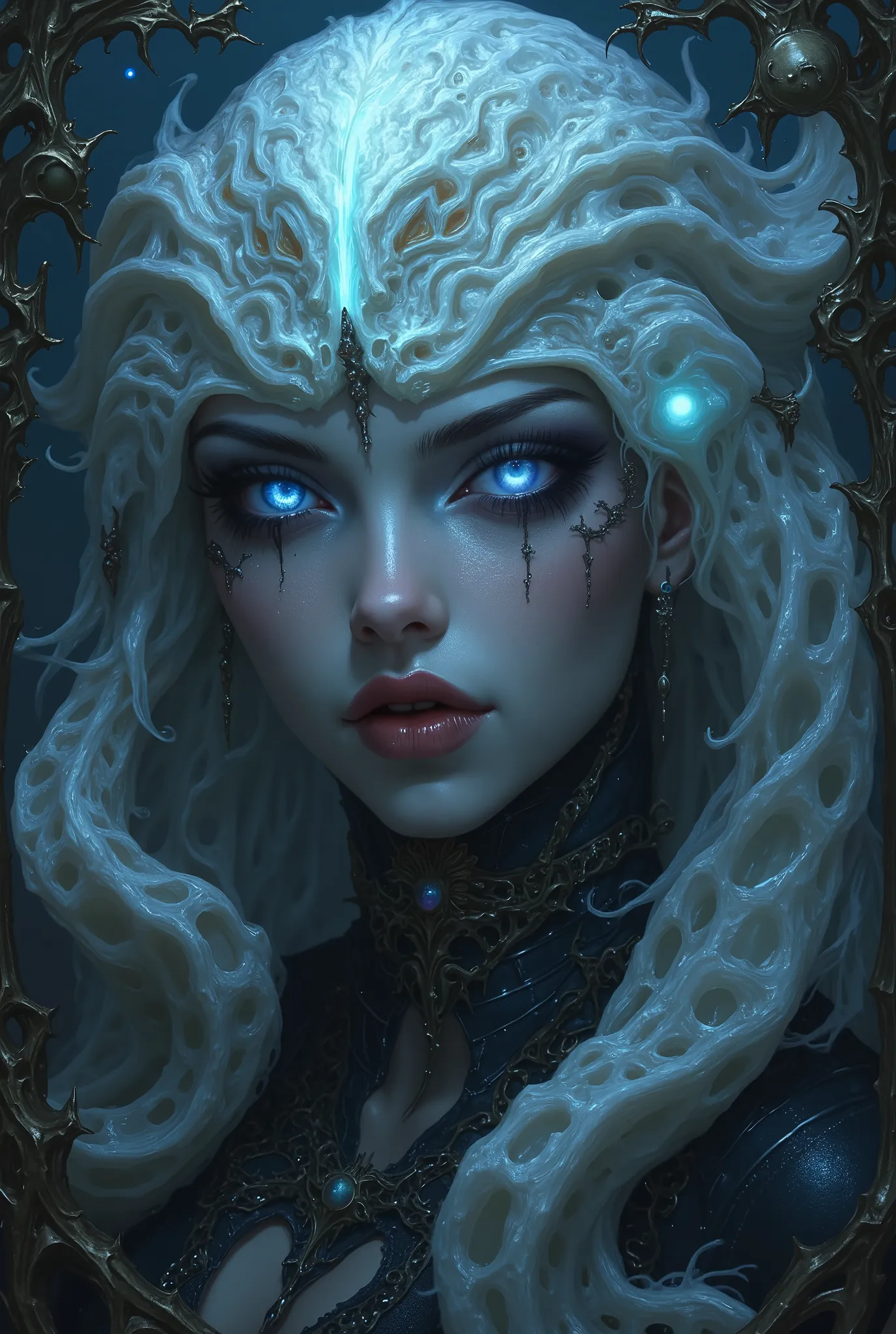 iridescent eyes, scary and sexy detailed art in color, Portrait, (beautiful and obscene female alien:1.4), (vulgarity1.7), (Translucent white skin:1.4), (There is a female genital-like organ in the middle of the forehead:2.3), (The most beautiful face in t...