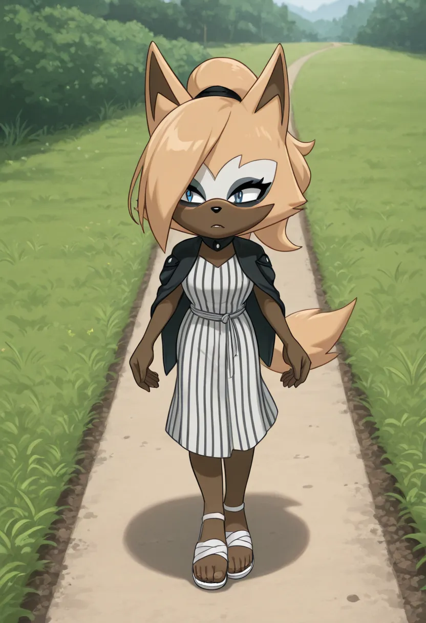 a woman wearing white and striped dress standing on path next to flowers, 1girl, solo, striped, skirt, outdoors, shirt, striped shirt, sandals, black hair, grass,Whisper the wolf, blue eyes, brown body fur