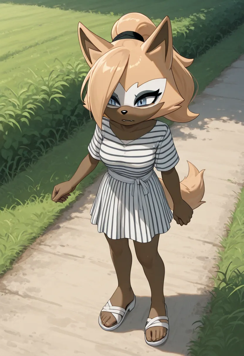 a woman wearing white and striped dress standing on path next to flowers, 1girl, solo, striped, skirt, outdoors, shirt, striped shirt, sandals, black hair, grass,Whisper the wolf, blue eyes, brown body fur