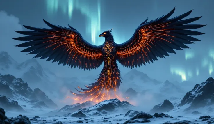 "A massive futuristic phoenix made of black stone and steel, with glowing orange runes covering its surface. The phoenix's eyes glow with fiery energy, and its wings crackle with plasma. The background shows a frozen fjord, with steam rising from the phoen...