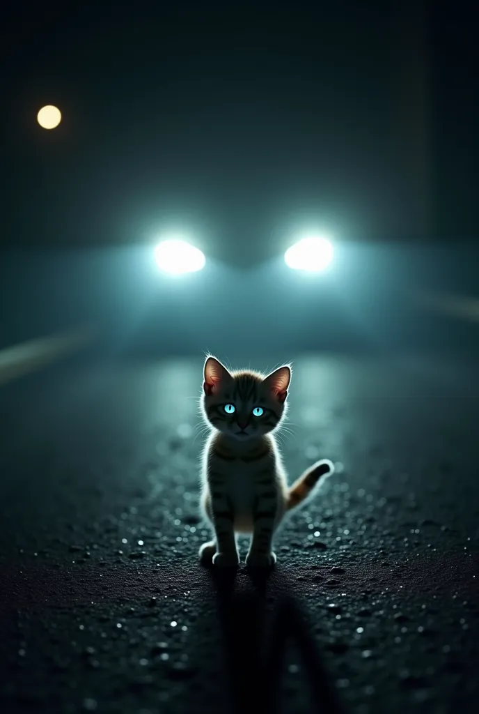 A sudden noise! A pair of glowing headlights approach fast! The kitten stands frozen, eyes wide in fear!
