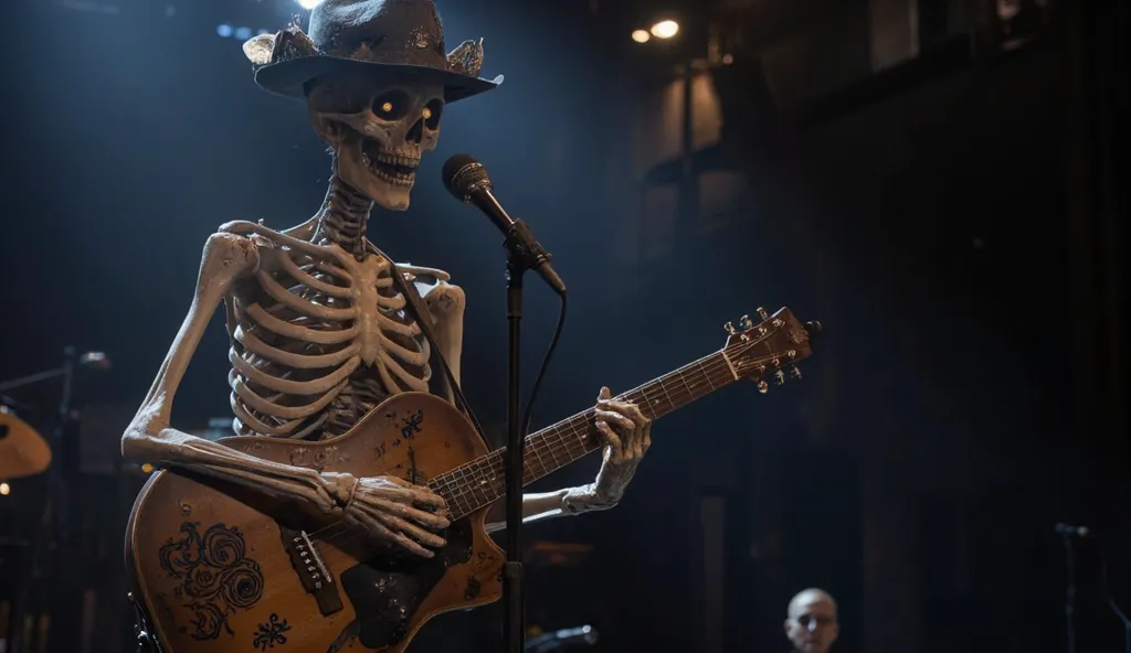 Skeleton character wearing a smoker hat on stage performing a guitar