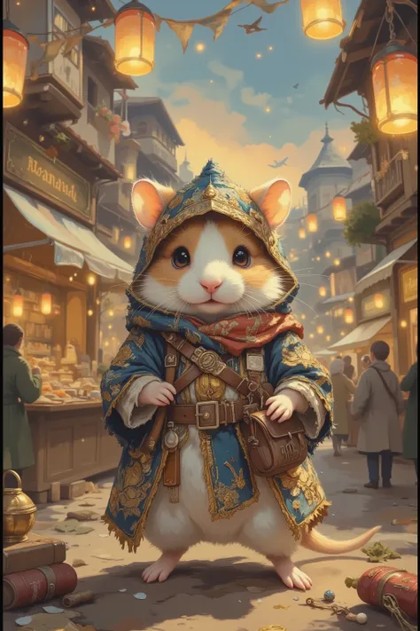 Imagine an enchanting scene where (an adorable hamster dons the attire of a seasoned traveler: a miniature cloak embroidered with threads of silver and gold). It stands amidst the pulsating heart of a (mystical foreign festival alive with dreamlike charm)....