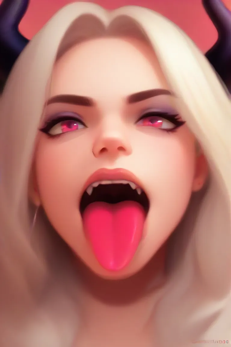 Mt Lady,   my hero academy  ,    mocking expression   ,    attractive,  dibujos animados , close up of her open mouth, sharp and pointed teeth, long pink tongue sticking out of her mouth, looking at the spectator,   Feminine