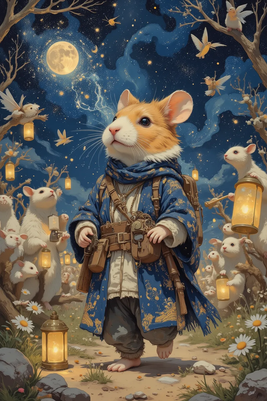 Visualize a scene of surreal beauty, where (a whimsical hamster, dressed as a wandering traveler in garments of deep indigo and starry motifs, stitches of destiny tracing its cloak) steps into an (extraordinary festival teeming with the otherworldly and su...