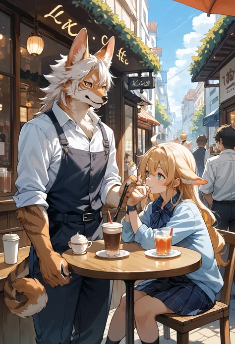 rating_safe, score_9, score_8_up, score_7_up, score_6_up, score_5_up, score_4_up, hires, source_furry(kemono, boy, girl)cafe Terrace, drink, coffee, staff,