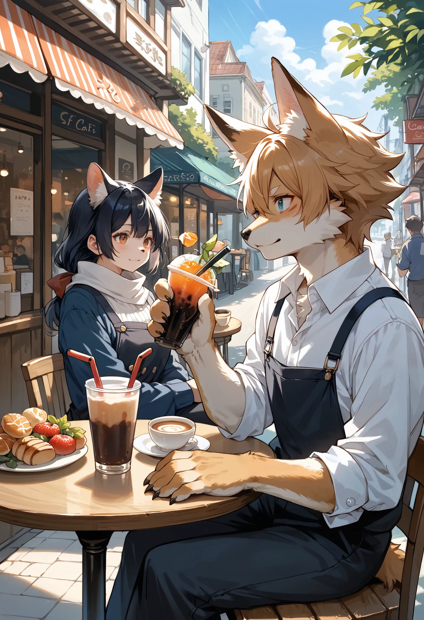 rating_safe, score_9, score_8_up, score_7_up, score_6_up, score_5_up, score_4_up, hires, source_furry(kemono, boy, girl)cafe Terrace, drink, coffee, staff,