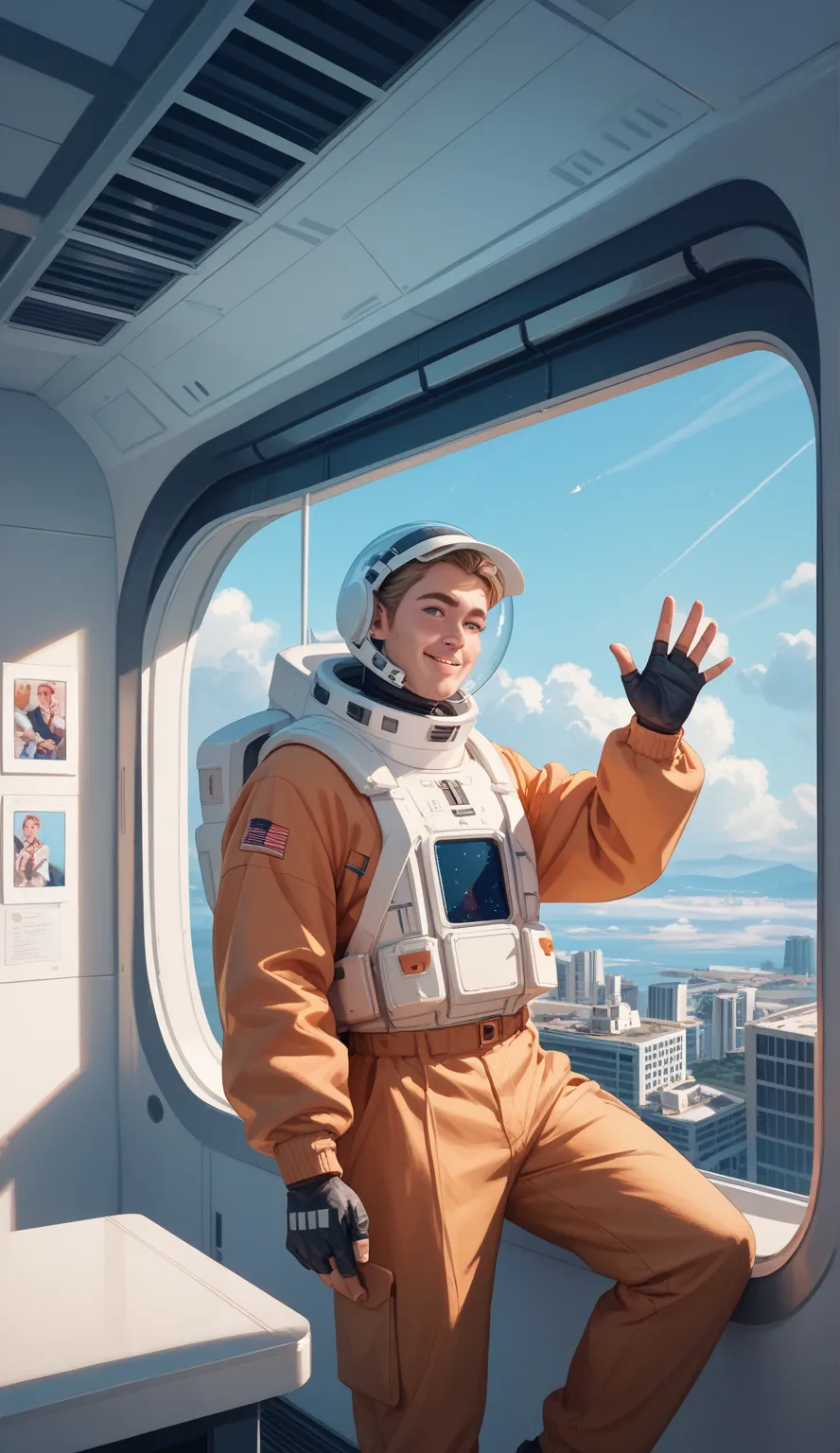 Create a photo of an astronaut inside a spaceship waving his hand through the window saying goodbye when taking off