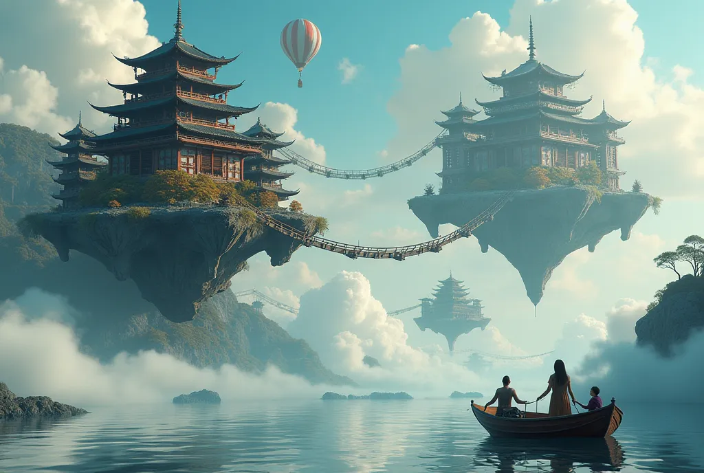 Ancient Japanese cities floating in the sky、 Floating Island 々、suspension bridge、Stone Bridge、Boat with helium balloons floating above clouds。