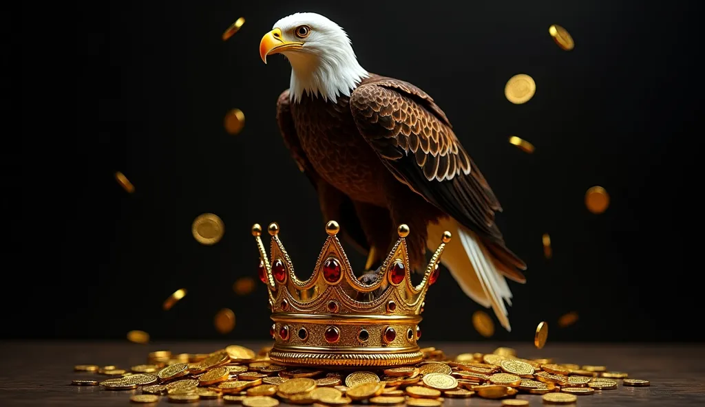 Impressive and realistic eagle, positioned laterally, perched atop a giant golden crown, with various minimalist details with crystalline red jewels, in a black and dark environment, with several well-detailed and well-defined shiny gold coins falling from...