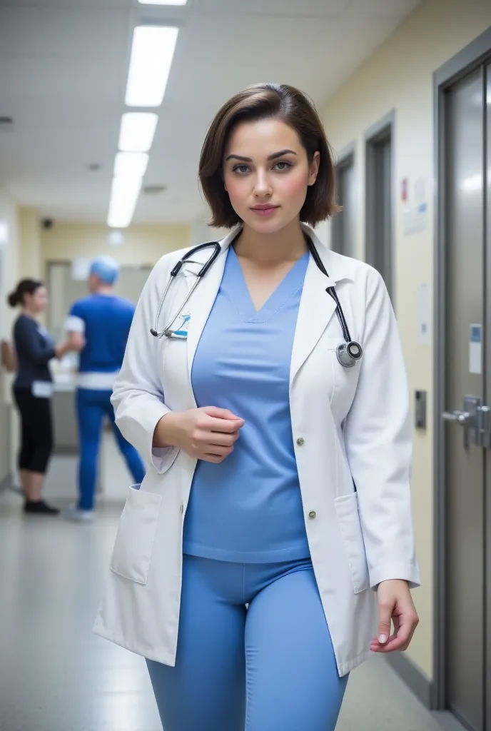 A female doctor stands in the bustling, sterile environment of a hospital, wearing a crisp white coat over her scrubs. Her stethoscope rests comfortably around her neck, and her short, practical hair is neatly pulled back. She moves with purpose and precis...