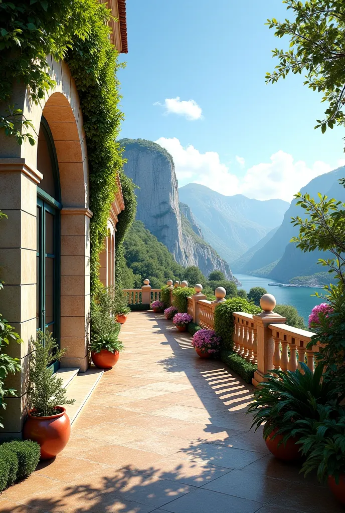 Narrow and long terrace, beautiful, beautiful with realistic vegetation.