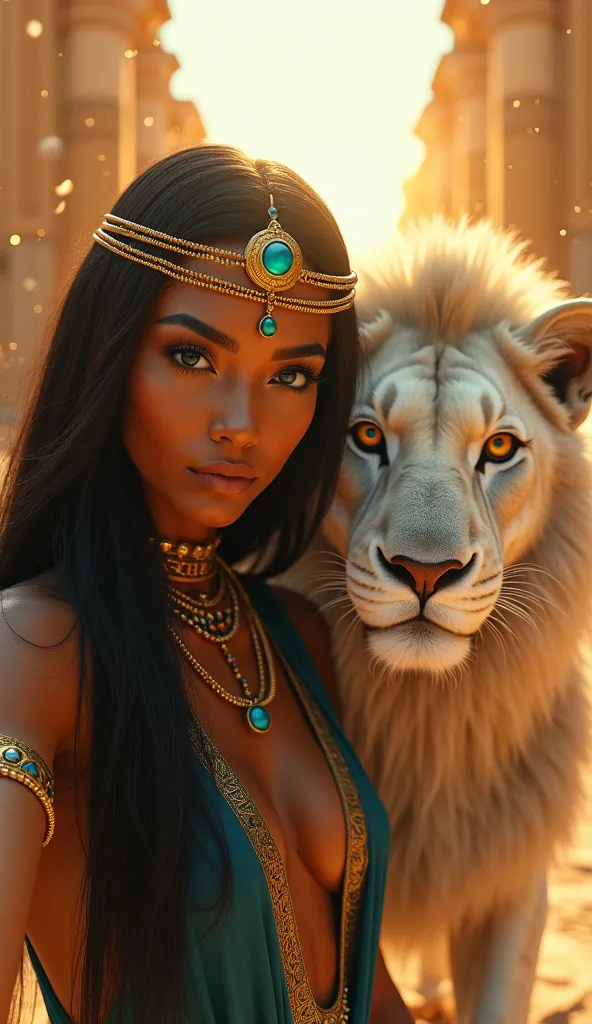 *"A powerful, cinematic fantasy POV selfie featuring Bastet, the Egyptian goddess of protection, home, and harmony, accompanied by a majestic white lion. The viewer sees the image as if taken from their perspective, with no visible hands. Bastet has radian...