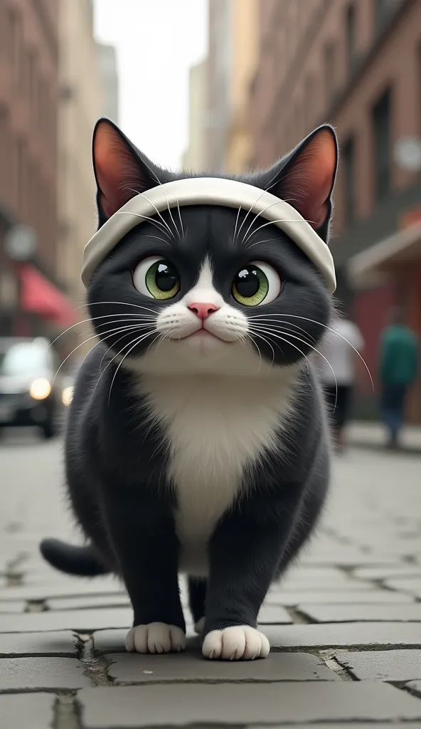 Create a detailed, realistic image featuring a chubby black and white cat wearing a white gym headband. The cat is walking along a city street, with an urban background including buildings and sidewalks. The scene should capture realistic details and a sub...