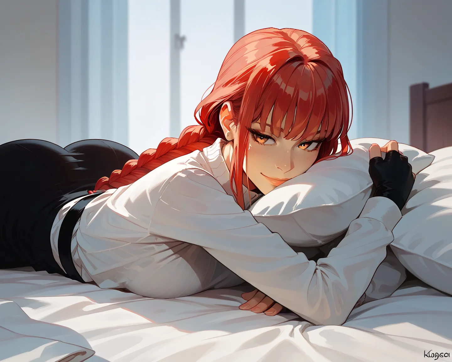 1girl, Makima, solo female, red hair, braid, lying across a bed, on her stomach, ass, small smile