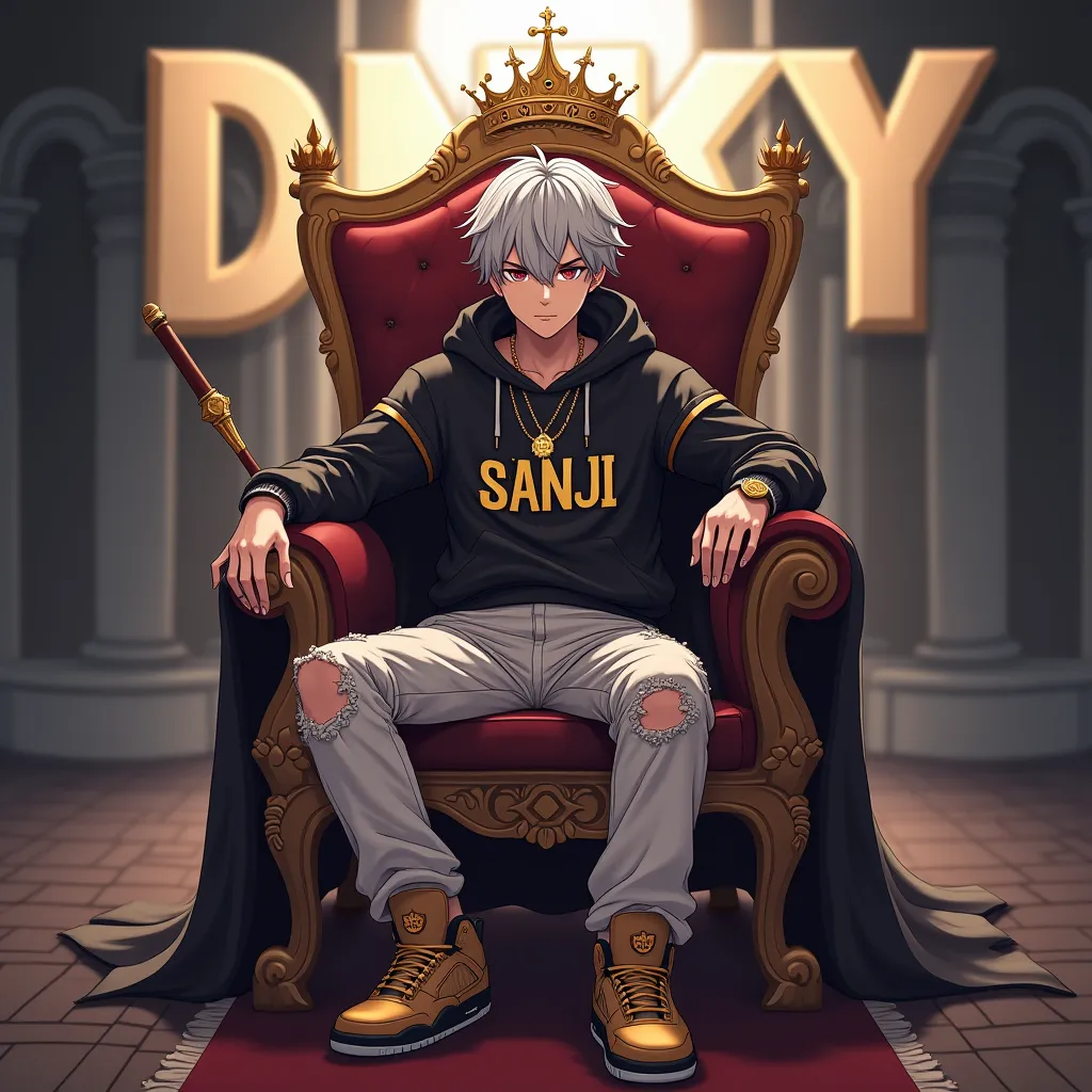 Create a anime Image of a 21 Years Old Handsome Anime guy sitting like a king in a Small king's chair, The background has a Large 3D Word "DNKY" in the back of the chair and in a castle that has lot of knights background and the anime guy has a silver hair...