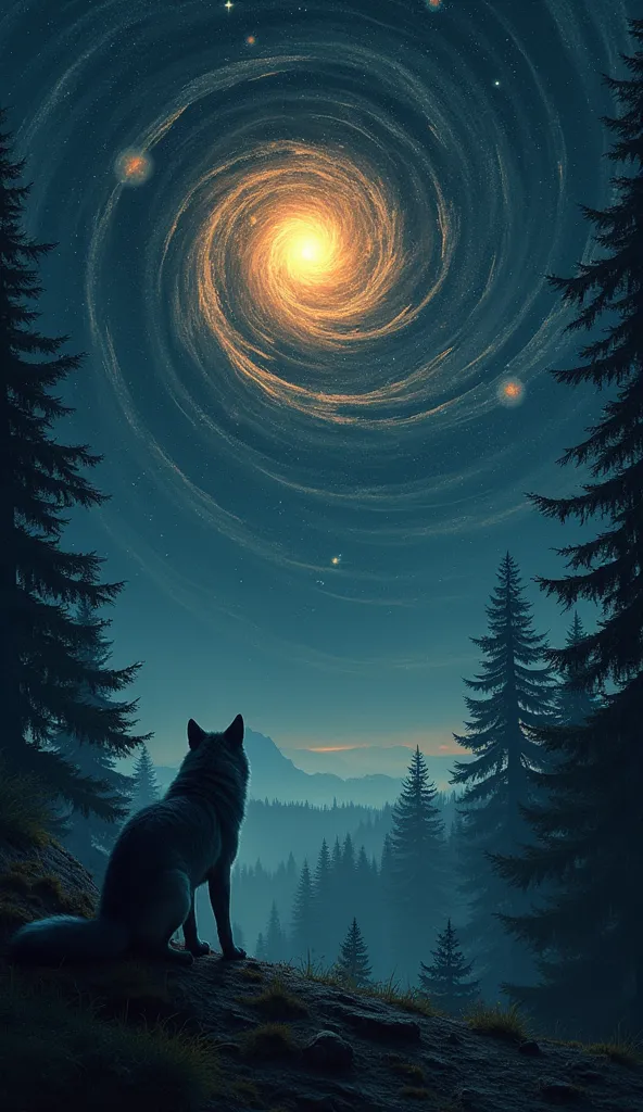 A lone wolf stands at the edge of a darkened forest, its golden eyes fixed on something beyond the mortal plane. The stars above seem to pulse, warping into spirals that extend tendrils toward the earth. The wolf tenses, sensing a presence from the void—a ...