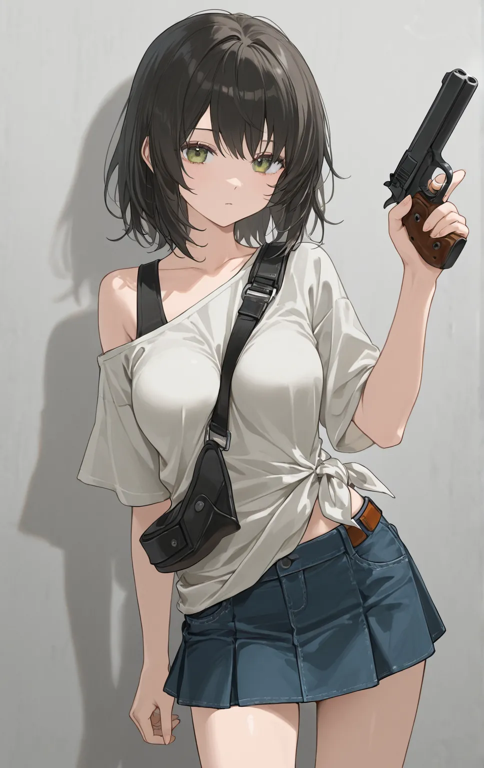 a girl wearing loose top and a mini skirt, medium breast, strap between breast, holding a pistol