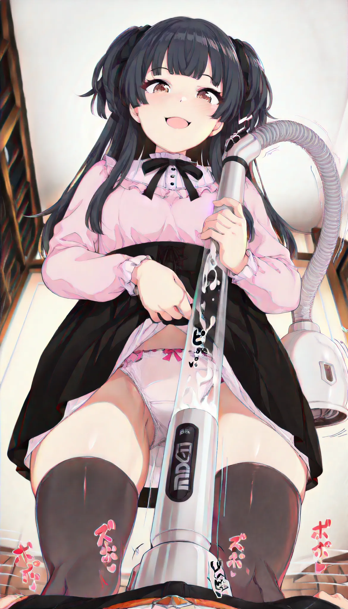 masterpiece, best quality, newest, absurdres, CG, anime, source anime, illustration, perfect composition, perfect anatomy, good hands, detailed face, shiny hair, translucent layers,,
one hand hoding vacuum cleaner, left hand holding vacuum cleaner,  vacuum...