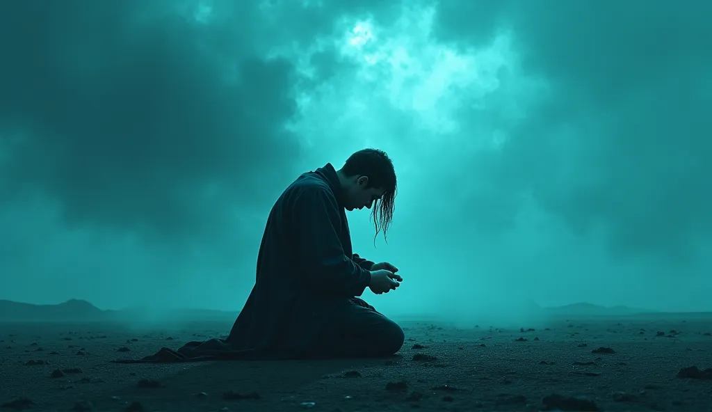 6. **Job in mourning**: Job kneeling in desolate land, tearing his garments, with tears in their eyes and a stormy sky reflecting their pain. .  Cyberpunk style turquoise blue 