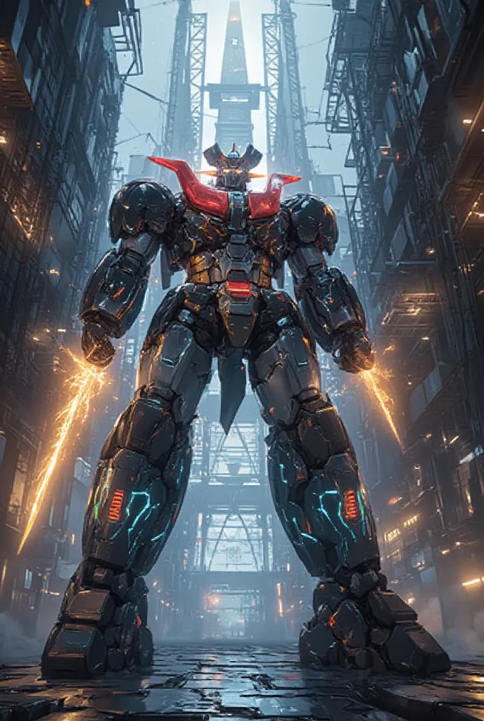   remodeled Mazinger Z  ,   is 100 meters tall .    is built with modern materials such as steel  ,    Carbon Fiber   ,    Other industrial elements are also visible   ,  Just like the real thing   ,    High voltage electric current flows 、 The top of a hi...