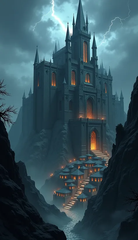 Create a haunting aerial illustration of the foreboding city of "Shadowspire," a dark fortress city looming atop a jagged mountain peak that pierces the stormy sky. The city is surrounded by steep cliffs and treacherous ravines, with dark, swirling mists t...