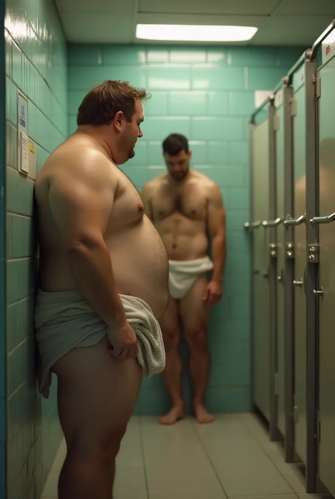 a fat brown-haired ager , without clothes but with a towel wrapped around the waist at the door of a public toilet, leaning against the door frame and discreetly looking inside.

The bathroom has 5 showers and in two of these showers there are two men taki...