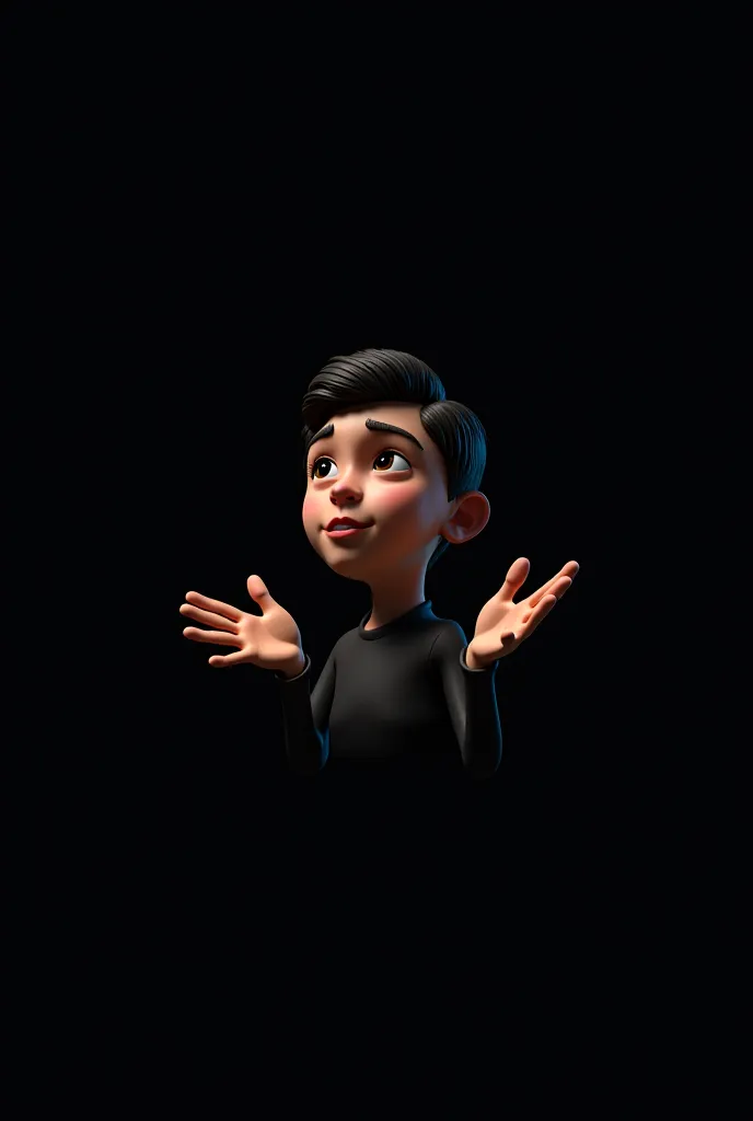 A  boy looking ahead, touching the tips of his fingers 3D in dark background 