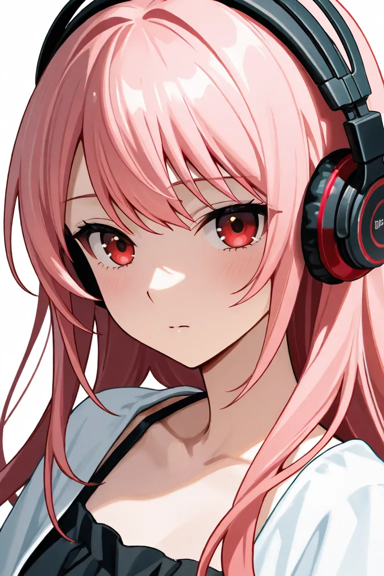 Portrait of a woman, anime, who gives us on half of her face with very long pink hair, very red eyes, soothed face, charismatic and beautiful, innocent unhappy, on her face. She gives us on half of her face by highlighting her red eyes, wear a music headph...