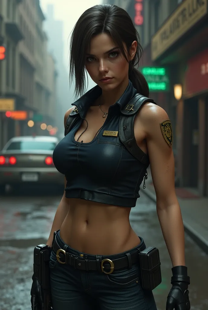 Create a police character similar to Jill Valentine by resident evil 3 remake designer but stylized , with tight jeans.