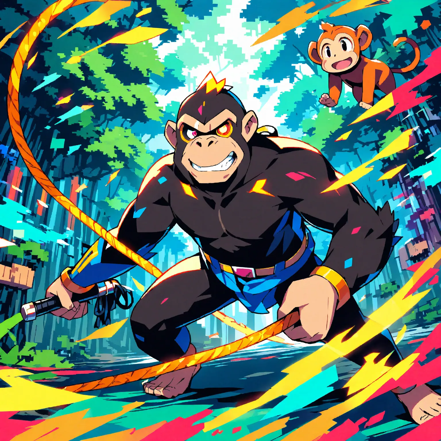 Chimpanzee with the slap in the eye, holding whip, environment pixelated forest, 16bit, vivid colors, anime atmosphere, digital art