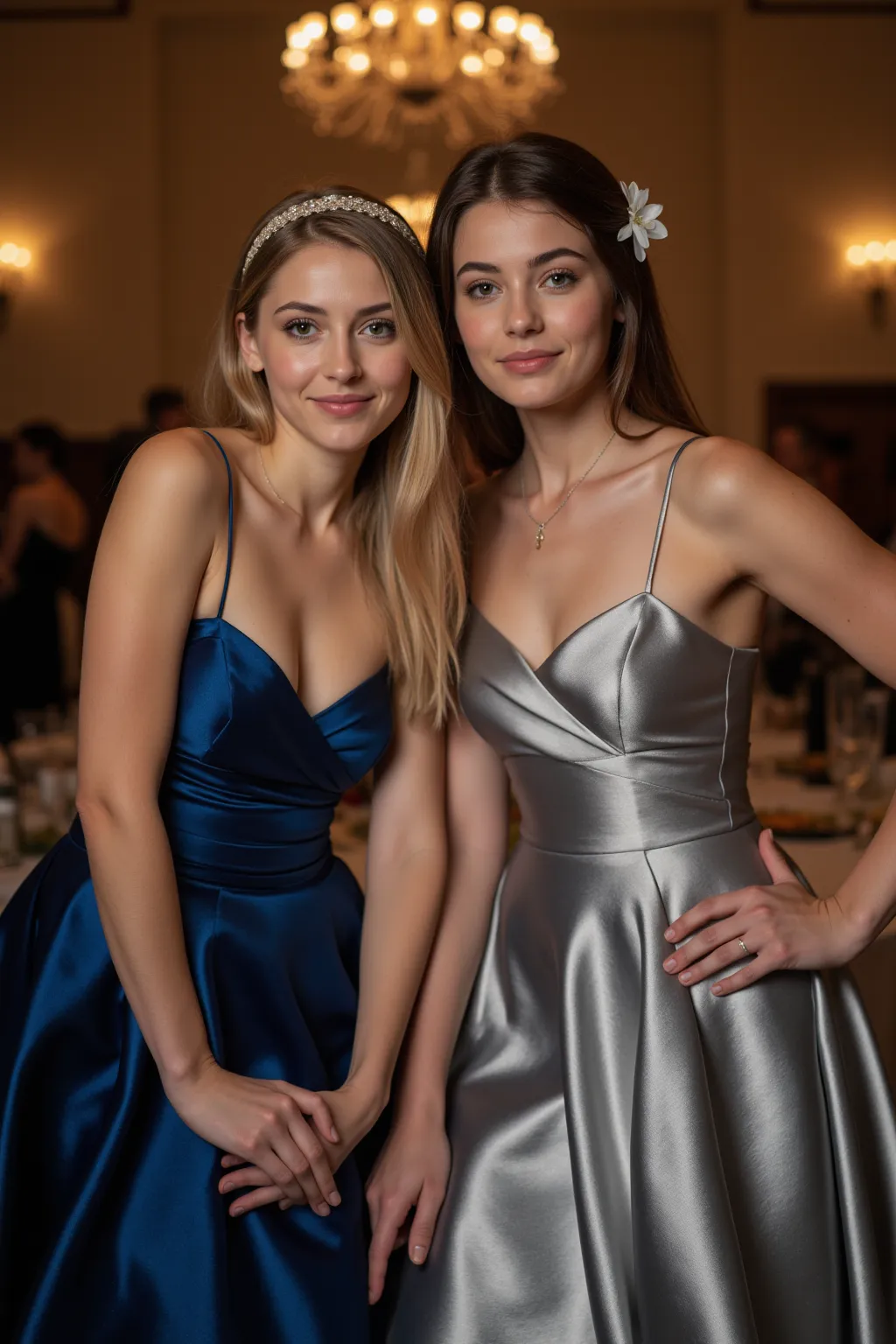 Ultra realistic close-up of an upper body portrait of two young blonde and brunette German flower girls aged 24 with long hair, headband, Flower in hair,  necklace,  smile.  They pose playfully in front of the camera in a shiny    ,  metallic dark blue and...