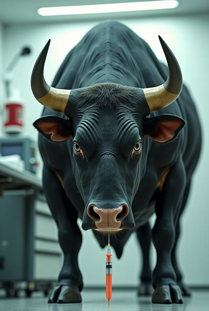 A muscular bull being injected