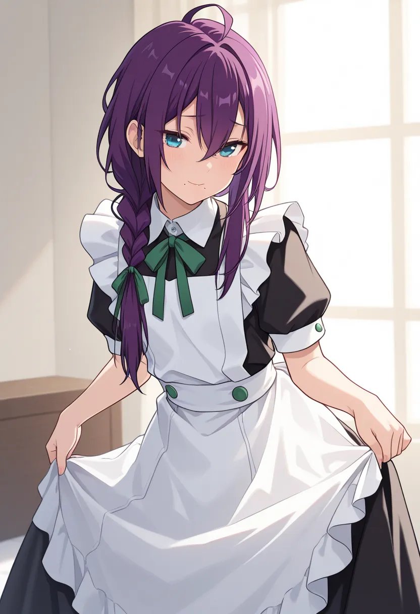 masterpiece, best quality, 
mayoi, 1girl, solo, purple hair, braid, single braid, long hair, ahoge, hair between eyes, hair over shoulder, ribbon, hair ribbon, blue eyes, mole, mole under mouth, penis, lifting dress, maid