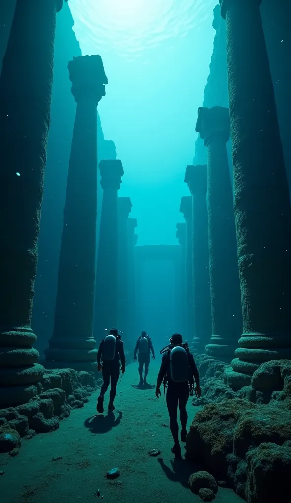 A first-person view of a diver exploring the sunken ruins of ancient Atlantis alongside two companions. We glide through massive fallen columns and coral-covered statues, while the faint sunlight casts shifting shadows in the deep water. The other two dive...