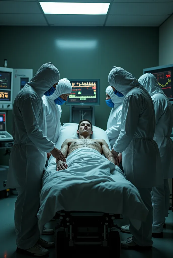 Inside a dimly lit hospital room, doctors and nurses in protective suits examine an unknown being lying on a stretcher. The being's frail hands and large, glowing eyes are visible, while medical monitors display unreadable, fluctuating data