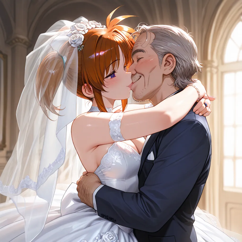 ((top quality)), ((masterpiece)), (details), （perfect face）、Nanoha Takamachi, who has excellent proportions, has a gentle smile, wears a gorgeous, pure white, brown see-through wedding dress, is dressed with gorgeous jewelry accessories, has a wedding at a...